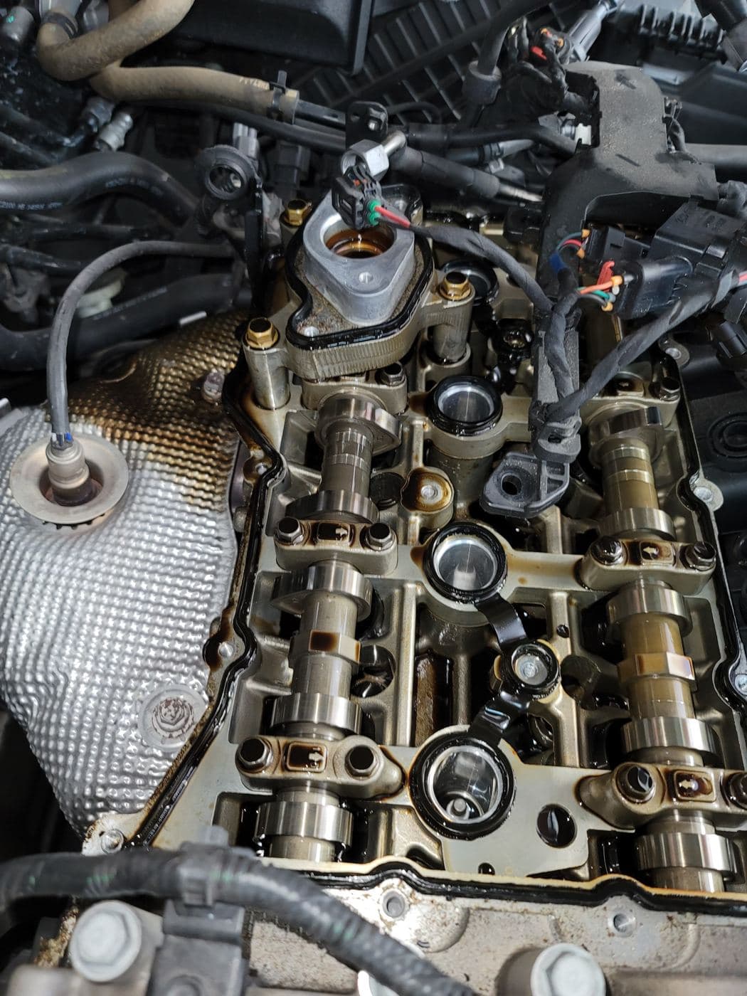 Camshafts exposed in an engine's cylinder head