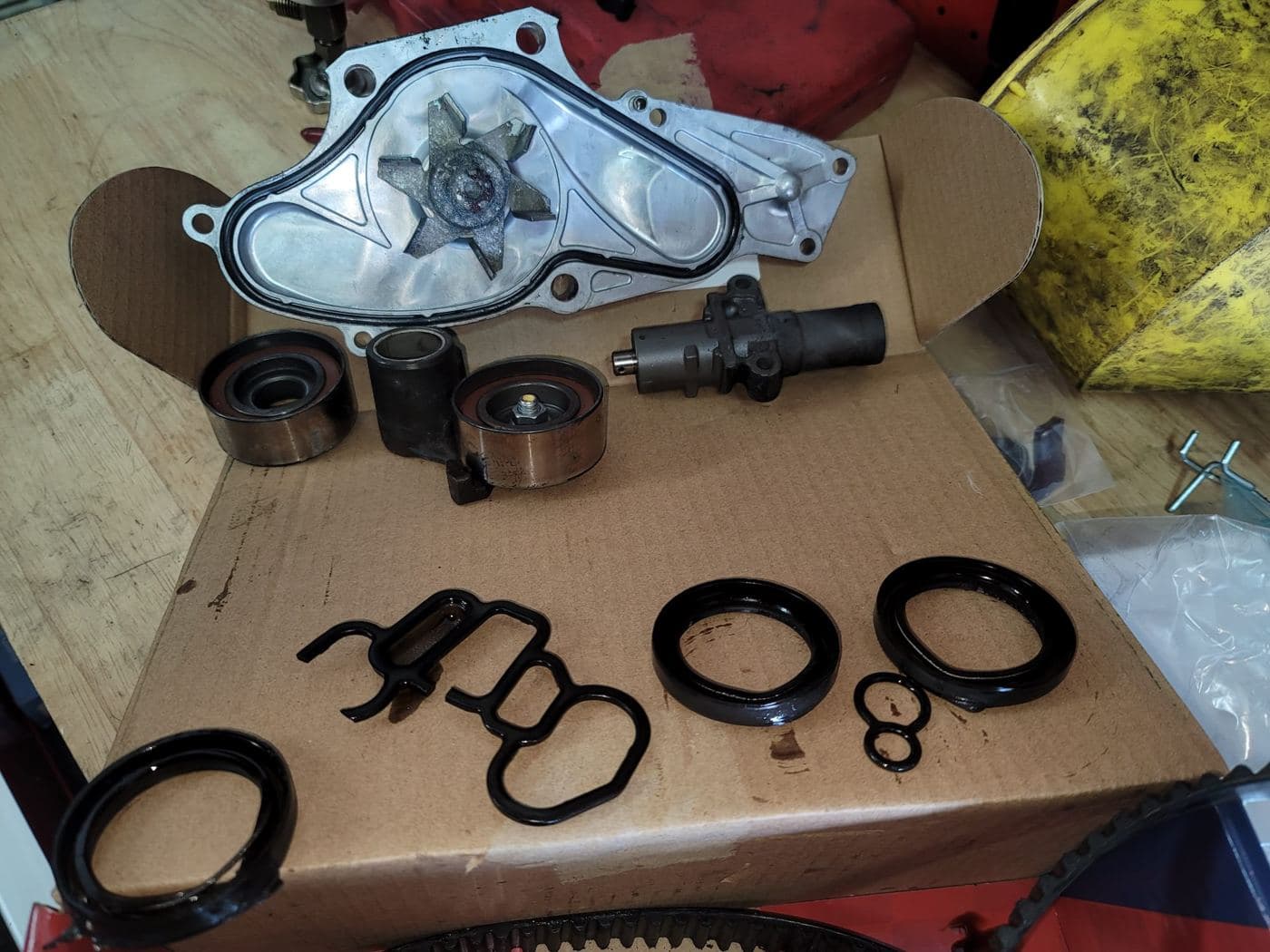 New water pump, tensioner and seal kit ready to install